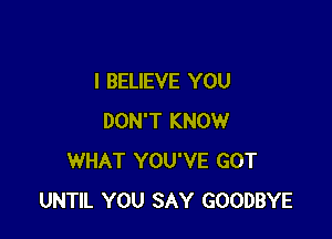 I BELIEVE YOU

DON'T KNOW
WHAT YOU'VE GOT
UNTIL YOU SAY GOODBYE