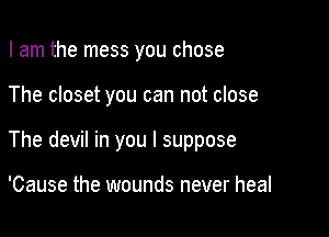 I am the mess you chose

The closet you can not close

The devil in you I suppose

'Cause the wounds never heal