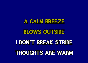 A CALM BREEZE

BLOWS OUTSIDE
I DON'T BREAK STRIDE
THOUGHTS ARE WARM