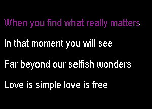 When you find what really matters

In that moment you will see
Far beyond our selfish wonders

Love is simple love is free