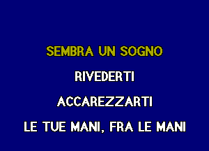 SEMBRA UN SOGNO

RIVEDERTI
ACCAREZZARTI
LE TUE MANI, FRA LE MANI