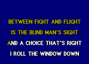 BETWEEN FIGHT AND FLIGHT
IS THE BLIND MAN'S SIGHT
AND A CHOICE THAT'S RIGHT
I ROLL THE WINDOWr DOWN