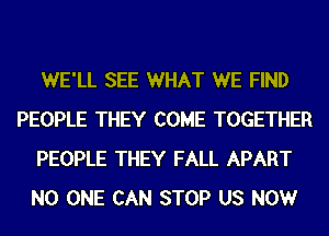 WE'LL SEE WHAT WE FIND
PEOPLE THEY COME TOGETHER
PEOPLE THEY FALL APART
NO ONE CAN STOP US NOW