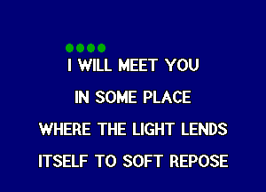 I WILL MEET YOU
IN SOME PLACE
WHERE THE LIGHT LENDS
ITSELF T0 SOFT REPOSE