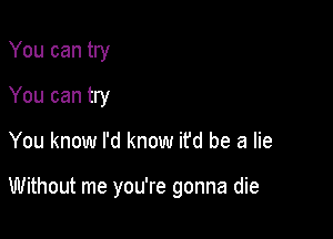 You can try
You can try

You know I'd know it'd be a lie

Without me you're gonna die