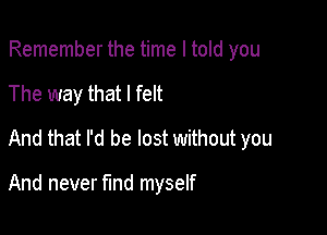 Remember the time I told you

The way that I felt

And that I'd be lost without you

And never fund myself