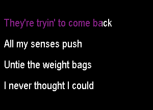 TheYre tryin' to come back

All my senses push

Untie the weight bags

I never thought I could