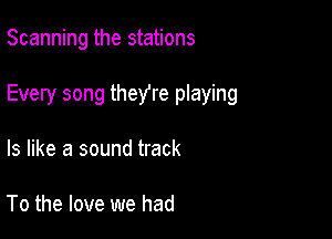 Scanning the stations

Every song theyre playing

ls like a sound track

To the love we had