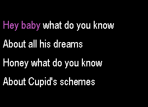 Hey baby what do you know

About all his dreams

Honey what do you know

About Cupid's schemes