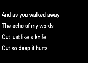 And as you walked away

The echo of my words
Cutjust like a knife
Cut so deep it hurts