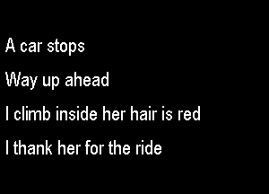 A car stops

Way up ahead
I climb inside her hair is red
lthank her for the ride