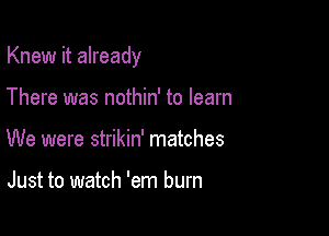 Knew it already

There was nothin' to learn
We were strikin' matches

Just to watch 'em burn