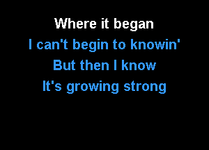 Where it began
I can't begin to knowin'
But then I know

It's growing strong