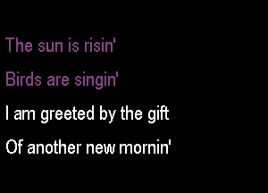 The sun is risin'

Birds are singin'

I am greeted by the gift

Of another new mornin'