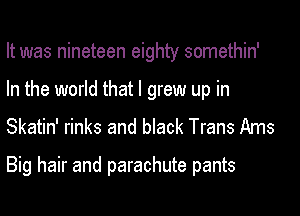 It was nineteen eighty somethin'
In the world that I grew up in

Skatin' rinks and black Trans Ams

Big hair and parachute pants