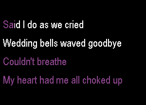 Said I do as we cried
Wedding bells waved goodbye
Couldn't breathe

My heart had me all choked up