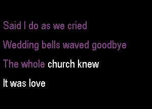 Said I do as we cried

Wedding bells waved goodbye

The whole church knew

It was love