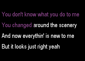 You don't know what you do to me

You changed around the scenery

And now everythin' is new to me

But it looks just right yeah