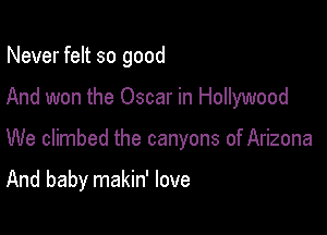 Never felt so good

And won the Oscar in Hollywood

We climbed the canyons of Arizona

And baby makin' love