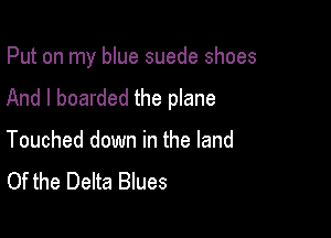 Put on my blue suede shoes

And I boarded the plane
Touched down in the land
Of the Delta Blues