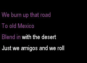 We burn up that road
To old Mexico

Blend in with the desert

Just we amigos and we roll