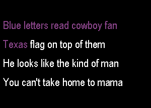 Blue letters read cowboy fan

Texas flag on top of them

He looks like the kind of man

You can't take home to mama