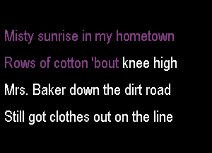 Misty sunrise in my hometown
Rows of cotton 'bout knee high
Mrs. Baker down the dirt road

Still got clothes out on the line