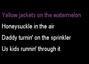 Yellow jackets on the watermelon
Honeysuckle in the air

Daddy turnin' on the sprinkler

Us kids runnin' through it