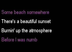 Some beach somewhere

There's a beautiful sunset

Burnin' up the atmosphere

Before I was numb