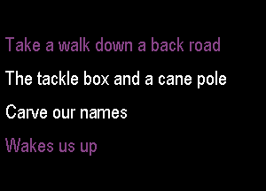 Take a walk down a back road

The tackle box and a cane pole

Carve our names

Wakes us up