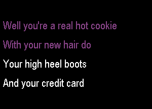 Well you're a real hot cookie
With your new hair do
Your high heel boots

And your credit card