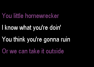 You little homewrecker

I know what you're doin'

You think you're gonna ruin

Or we can take it outside