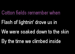 Cotton fields remember when

Flash of lightnin' drove us in

We were soaked down to the skin

By the time we climbed inside