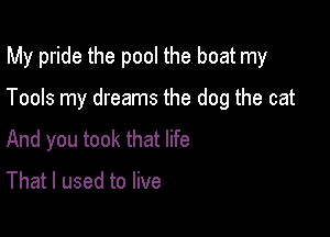 My pride the pool the boat my

Tools my dreams the dog the cat

And you took that life

That I used to live