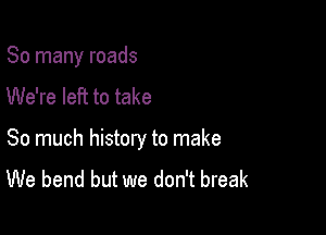 So many roads
We're left to take

So much history to make
We bend but we don't break