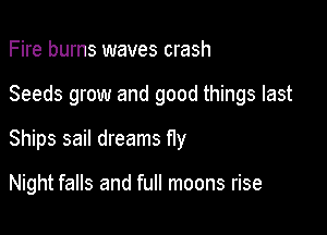 Fire burns waves crash

Seeds grow and good things last

Ships sail dreams fly

Night falls and full moons rise