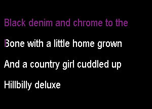 Black denim and chrome to the

Bone with a little home grown

And a country girl cuddled up
Hillbilly deluxe