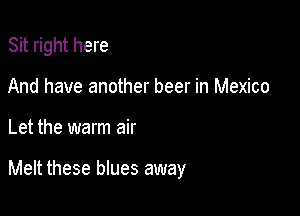 Sit right here

And have another beer in Mexico

Let the warm air

Melt these blues away