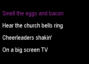 Smell the eggs and bacon
Hear the church bells ring

Cheerleaders shakin'

On a big screen TV