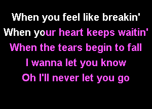 When you feel like breakin'
When your heart keeps waitin'
When the tears begin to fall
I wanna let you know
0h I'll never let you go