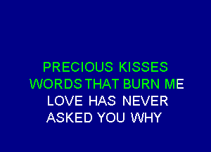 PRECIOUS KISSES

WORDS THAT BURN ME
LOVE HAS NEVER
ASKED YOU WHY