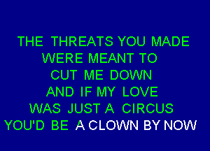 THE THREATS YOU MADE
WERE MEANT TO
CUT ME DOWN
AND IF MY LOVE
WAS JUST A CIRCUS
YOU'D BE A CLOWN BY NOW
