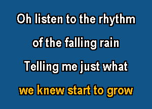 Oh listen to the rhythm

ofthe falling rain

Telling me just what

we knew start to grow