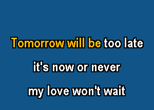 Tomorrow will be too late

it's now or never

my love won't wait