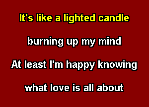 It's like a lighted candle

burning up my mind

At least I'm happy knowing

what love is all about