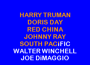 HARRY TRUMAN
DORIS DAY
RED CHINA

JOHNNY RAY
SOUTH PACIFIC

WALTER WINCHELL
JOE DiMAGGIO
