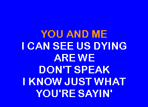 YOU AND ME
ICAN SEE US DYING

AREWE
DON'T SPEAK
I KNOW JUSTWHAT
YOU'RE SAYIN'