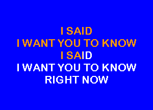 I SAID
IWANT YOU TO KNOW

ISAID
IWANT YOU TO KNOW
RIGHT NOW