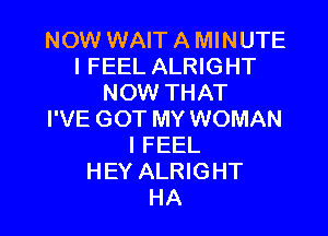 NOW WAIT A MINUTE
I FEEL ALRIGHT
NOW THAT

I'VE GOT MY WOMAN
I FEEL
HEY ALRIGHT
HA