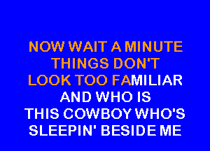 NOW WAIT A MINUTE
THINGS DON'T
LOOK T00 FAMILIAR
AND WHO IS
THIS COWBOYWHO'S
SLEEPIN' BESIDEME